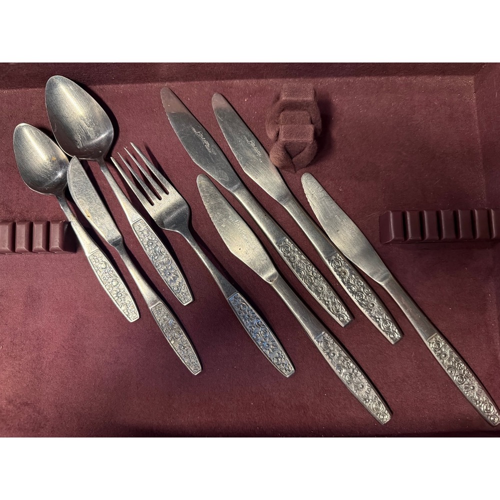 Vintage Rosette Stainless Steel Korea Floral Flatware Mixed Lot 9 Pieces Roses